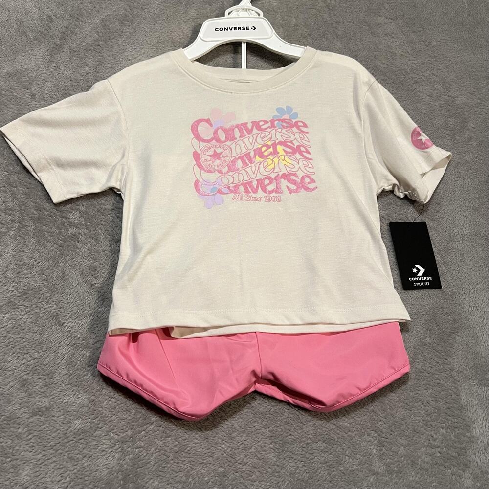 Converse Shirt Shorts Set Girls 6X Cream Pink All Star Graphic Two Piece Logo